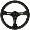 REINFORCED STEERING WHEEL 350MM SPORT STEERING WHEEL (3" DEEP) BLACK LEATHER WITH RED STITCHING, SLIT SPOKE DESIGN OVER CIRCULAR CUT-OUTS