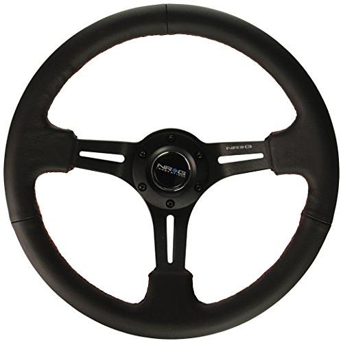 REINFORCED STEERING WHEEL 350MM SPORT STEERING WHEEL (3" DEEP) BLACK LEATHER WITH RED STITCHING, SLIT SPOKE DESIGN OVER CIRCULAR CUT-OUTS