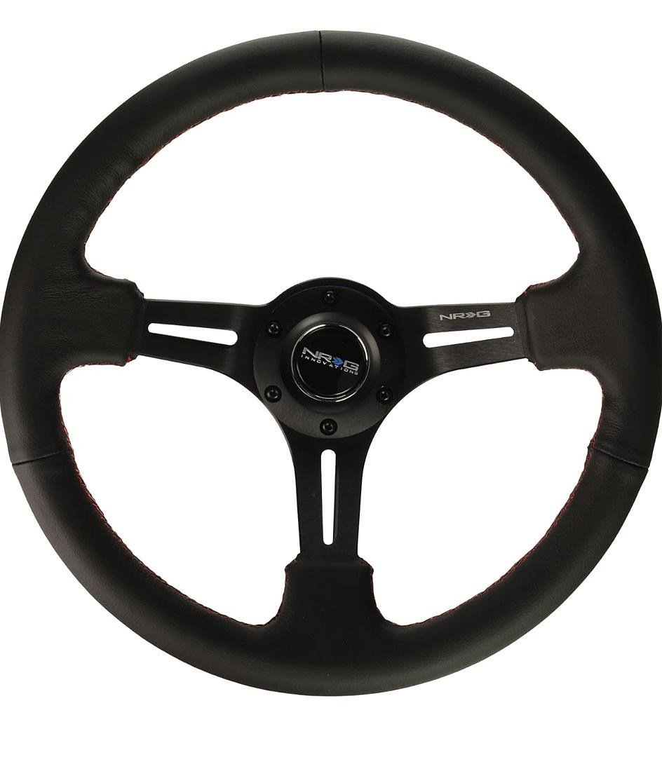 REINFORCED STEERING WHEEL 350MM SPORT STEERING WHEEL (3" DEEP) BLACK LEATHER WITH RED STITCHING, SLIT SPOKE DESIGN OVER CIRCULAR CUT-OUTS