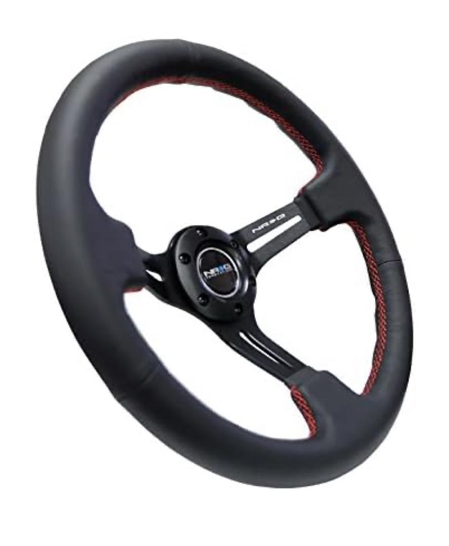 REINFORCED STEERING WHEEL 350MM SPORT STEERING WHEEL (3" DEEP) BLACK LEATHER WITH RED STITCHING, SLIT SPOKE DESIGN OVER CIRCULAR CUT-OUTS
