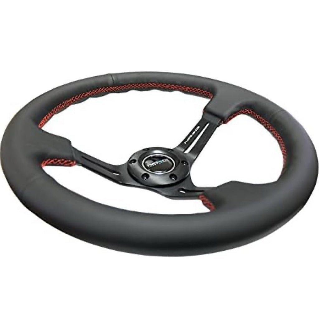 REINFORCED STEERING WHEEL 350MM SPORT STEERING WHEEL (3" DEEP) BLACK LEATHER WITH RED STITCHING, SLIT SPOKE DESIGN OVER CIRCULAR CUT-OUTS