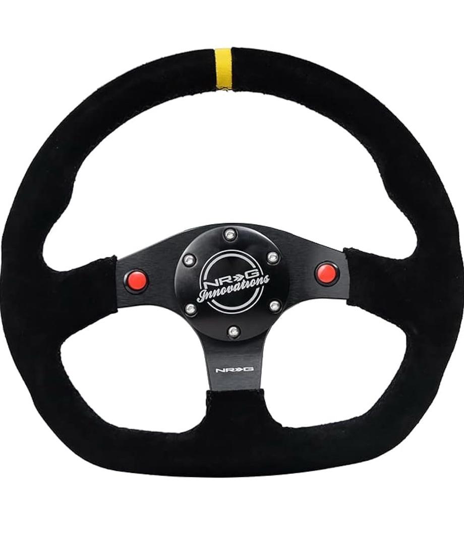 REINFORCED STEERING WHEEL 320MM SPORT SUEDE DUAL PUSH BUTTONS FLAT BOTTOM WITH YELLOW CENTER MARK