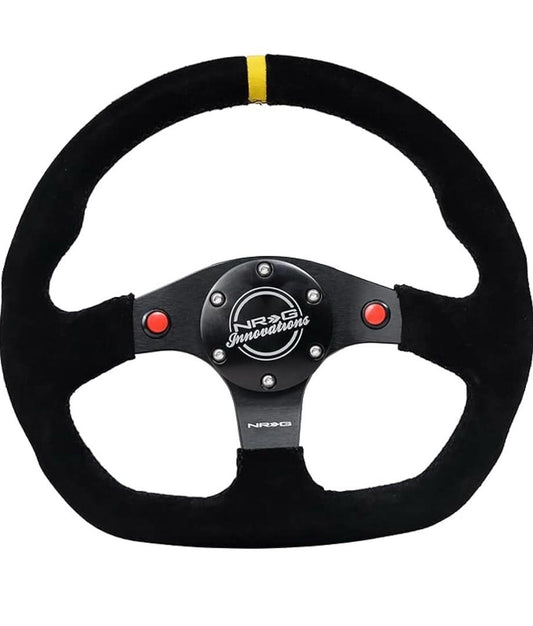 REINFORCED STEERING WHEEL 320MM SPORT SUEDE DUAL PUSH BUTTONS FLAT BOTTOM WITH YELLOW CENTER MARK
