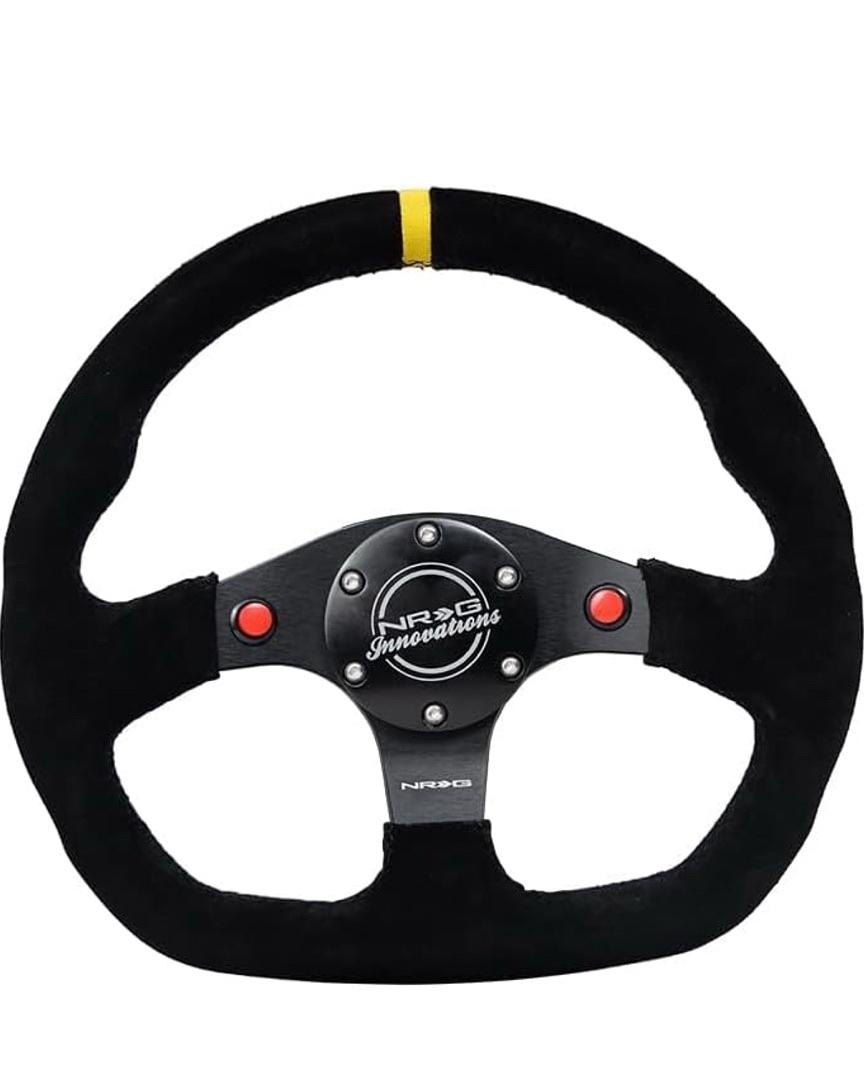 REINFORCED STEERING WHEEL 320MM SPORT SUEDE DUAL PUSH BUTTONS FLAT BOTTOM WITH YELLOW CENTER MARK