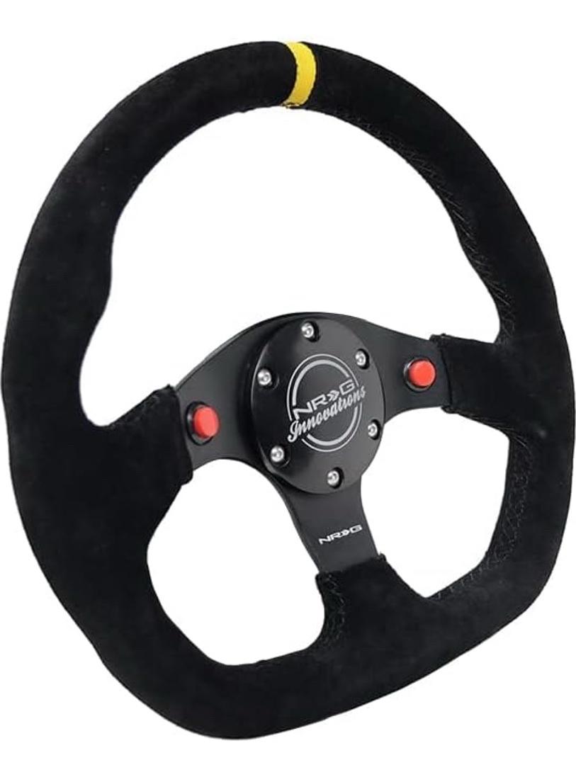 REINFORCED STEERING WHEEL 320MM SPORT SUEDE DUAL PUSH BUTTONS FLAT BOTTOM WITH YELLOW CENTER MARK