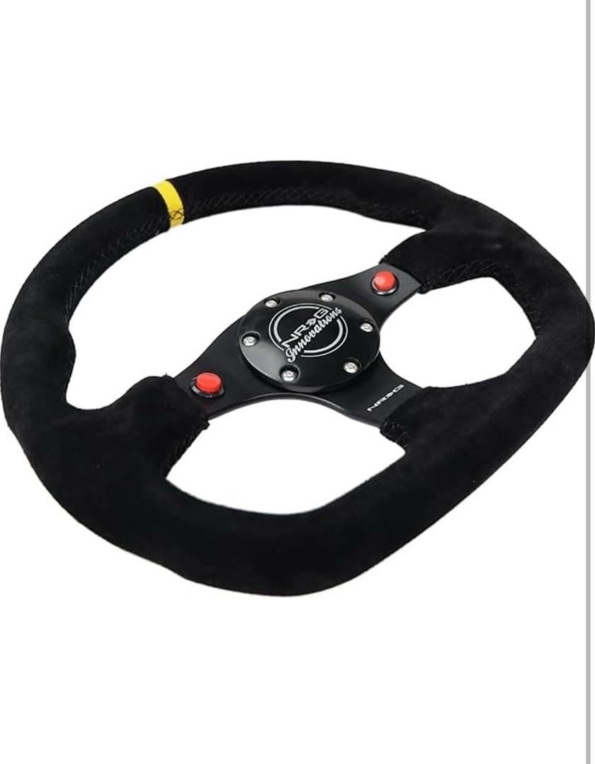 REINFORCED STEERING WHEEL 320MM SPORT SUEDE DUAL PUSH BUTTONS FLAT BOTTOM WITH YELLOW CENTER MARK