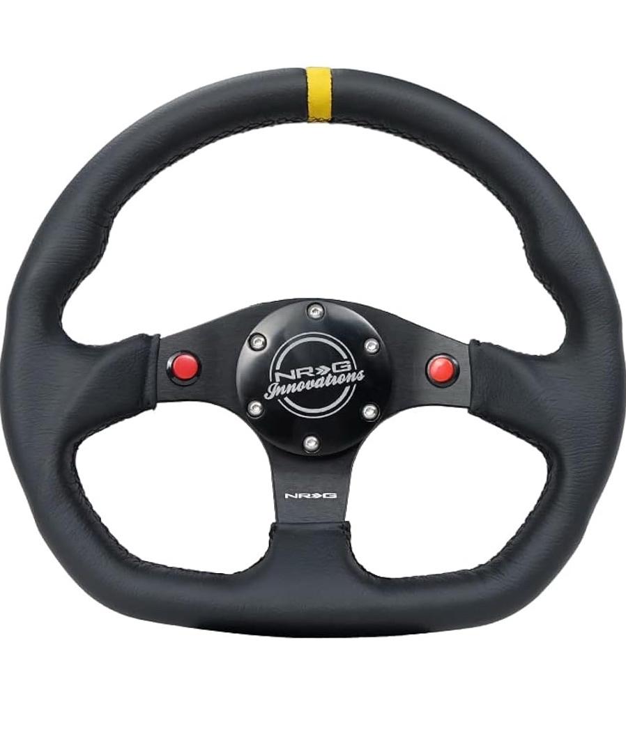 REINFORCED STEERING WHEEL 320MM SPORT LEATHER DUAL PUSH BUTTONS FLAT BOTTOM WITH YELLOW CENTER MARK