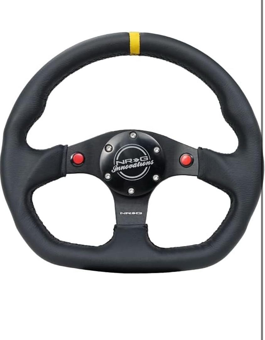 REINFORCED STEERING WHEEL 320MM SPORT LEATHER DUAL PUSH BUTTONS FLAT BOTTOM WITH YELLOW CENTER MARK