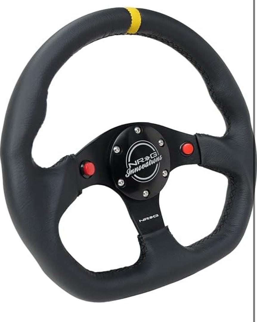 REINFORCED STEERING WHEEL 320MM SPORT LEATHER DUAL PUSH BUTTONS FLAT BOTTOM WITH YELLOW CENTER MARK