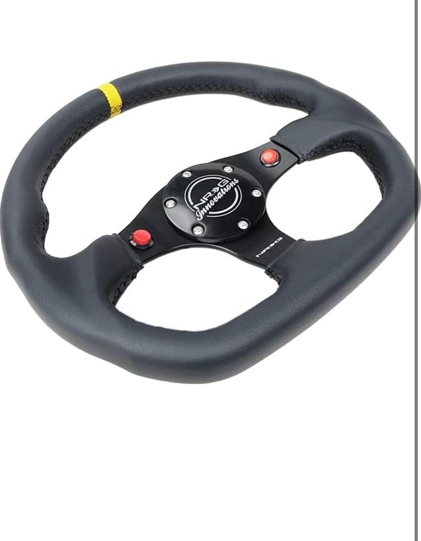 REINFORCED STEERING WHEEL 320MM SPORT LEATHER DUAL PUSH BUTTONS FLAT BOTTOM WITH YELLOW CENTER MARK