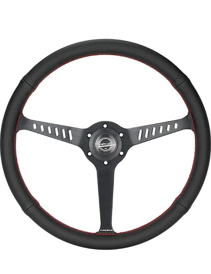 REINFORCED CLASSIC STEALTH WHEEL, 380MM, 3 SPOKE CENTER WITH DIAGNAL SLITS, 1" DEEP DISH WITH PERFORATED LEATHER AND RED STITCHING