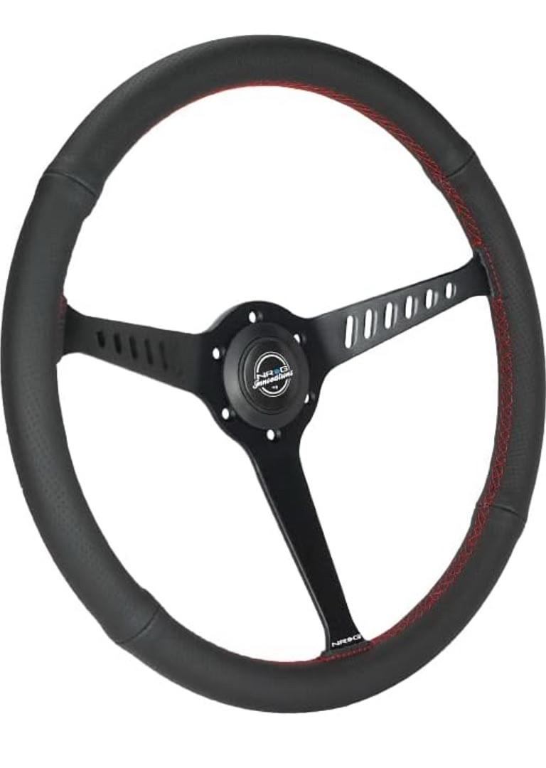 REINFORCED CLASSIC STEALTH WHEEL, 380MM, 3 SPOKE CENTER WITH DIAGNAL SLITS, 1" DEEP DISH WITH PERFORATED LEATHER AND RED STITCHING