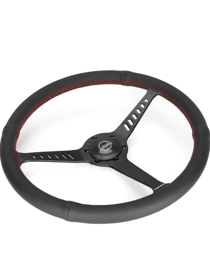 REINFORCED CLASSIC STEALTH WHEEL, 380MM, 3 SPOKE CENTER WITH DIAGNAL SLITS, 1" DEEP DISH WITH PERFORATED LEATHER AND RED STITCHING