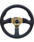 REINFORCED STEERING WHEEL 350MM DIAMETER 50MM DEPTH SPORT LEATHER RACING (2.5" DEEP) COMFORT GRIP 4MM METAL GOLD SPOKE