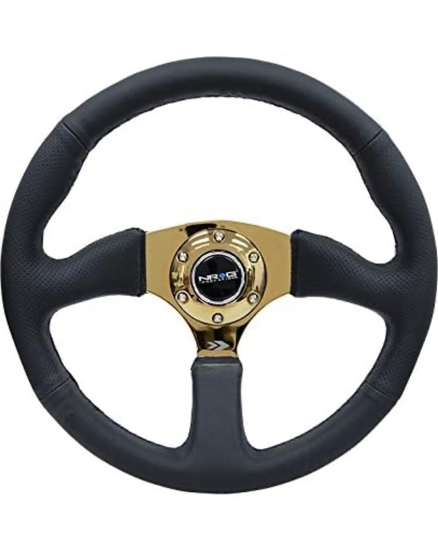 REINFORCED STEERING WHEEL 350MM DIAMETER 50MM DEPTH SPORT LEATHER RACING (2.5" DEEP) COMFORT GRIP 4MM METAL GOLD SPOKE