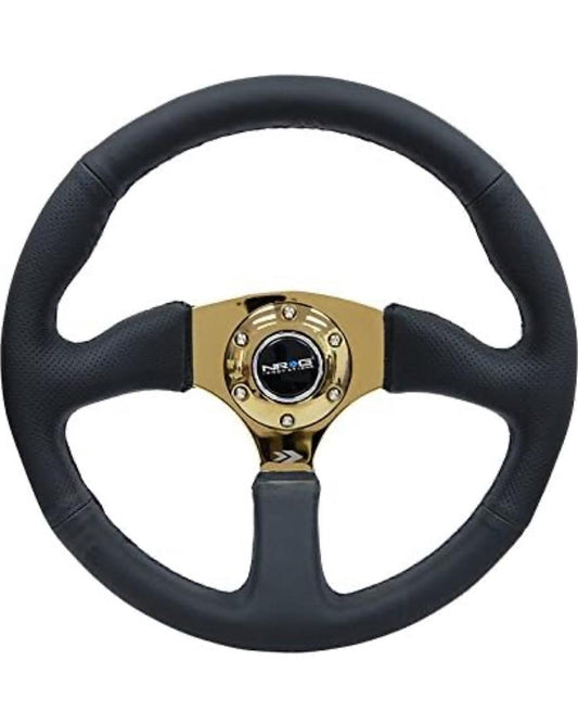 REINFORCED STEERING WHEEL 350MM DIAMETER 50MM DEPTH SPORT LEATHER RACING (2.5" DEEP) COMFORT GRIP 4MM METAL GOLD SPOKE