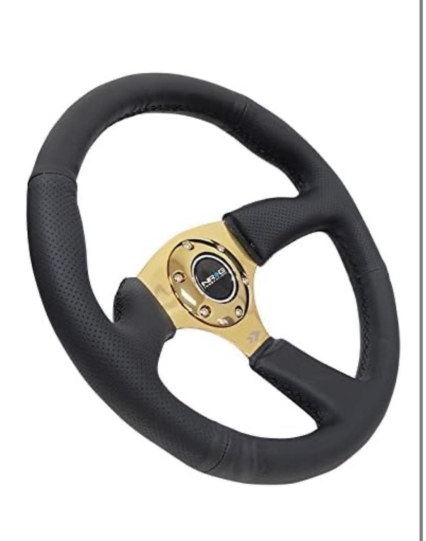 REINFORCED STEERING WHEEL 350MM DIAMETER 50MM DEPTH SPORT LEATHER RACING (2.5" DEEP) COMFORT GRIP 4MM METAL GOLD SPOKE