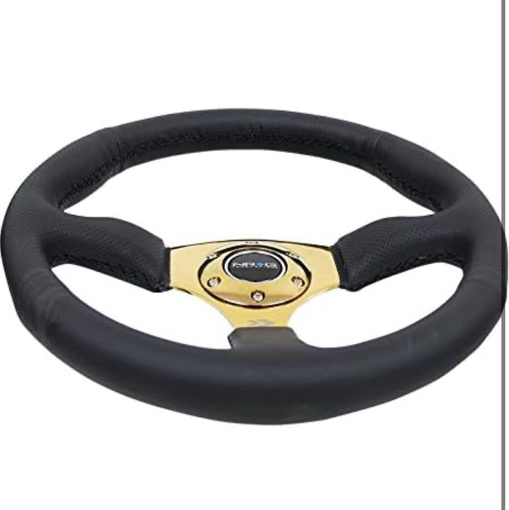 REINFORCED STEERING WHEEL 350MM DIAMETER 50MM DEPTH SPORT LEATHER RACING (2.5" DEEP) COMFORT GRIP 4MM METAL GOLD SPOKE