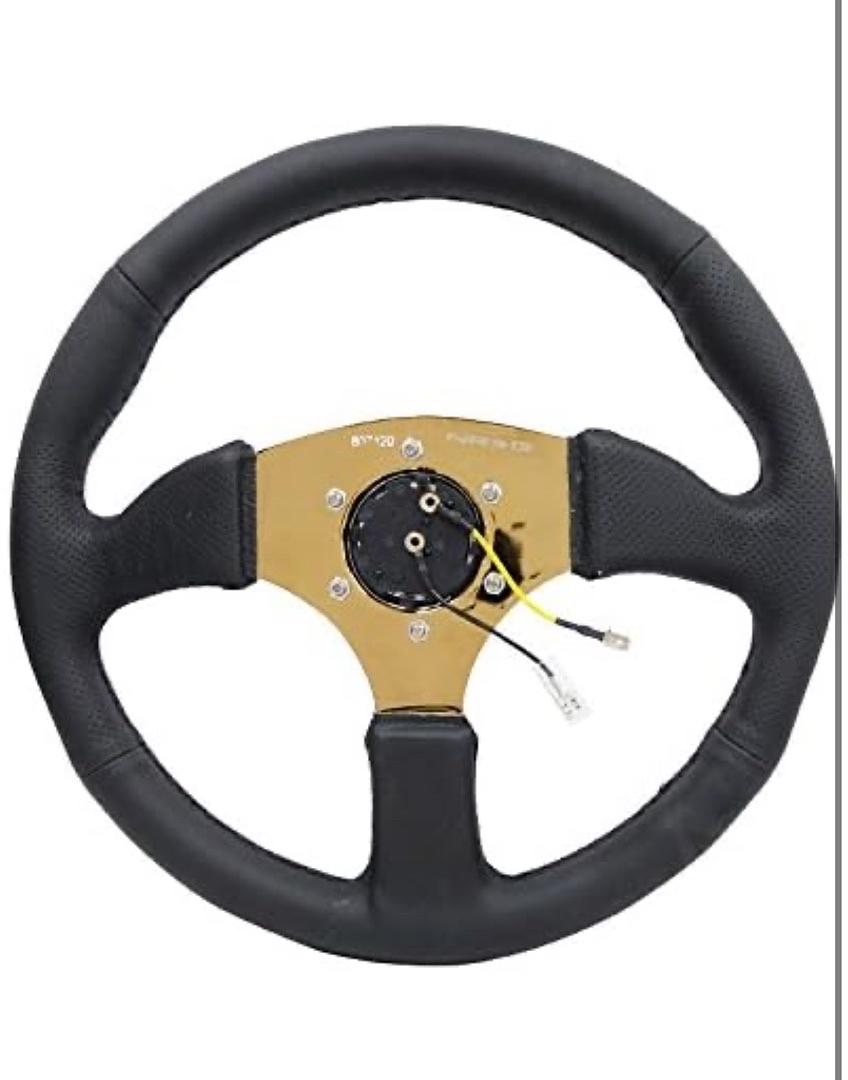 REINFORCED STEERING WHEEL 350MM DIAMETER 50MM DEPTH SPORT LEATHER RACING (2.5" DEEP) COMFORT GRIP 4MM METAL GOLD SPOKE