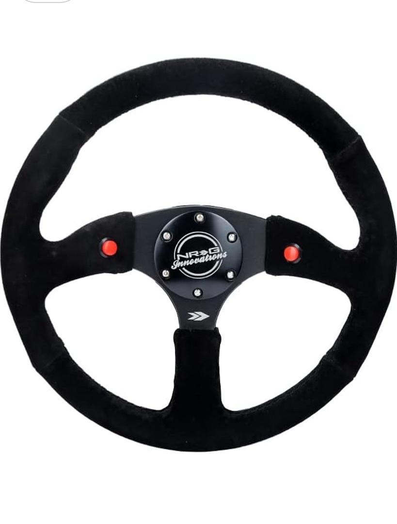 REINFORCED STEERING WHEEL - 350MM SPORT SUEDE RACING (2.5" DEEP) COMFORT GRIP, 4MM MATTE BLACK SPOKE WITH SUEDE FINISH AND DUAL BUTTON