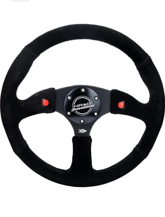 REINFORCED STEERING WHEEL - 350MM SPORT SUEDE RACING (2.5" DEEP) COMFORT GRIP, 4MM MATTE BLACK SPOKE WITH SUEDE FINISH AND DUAL BUTTON