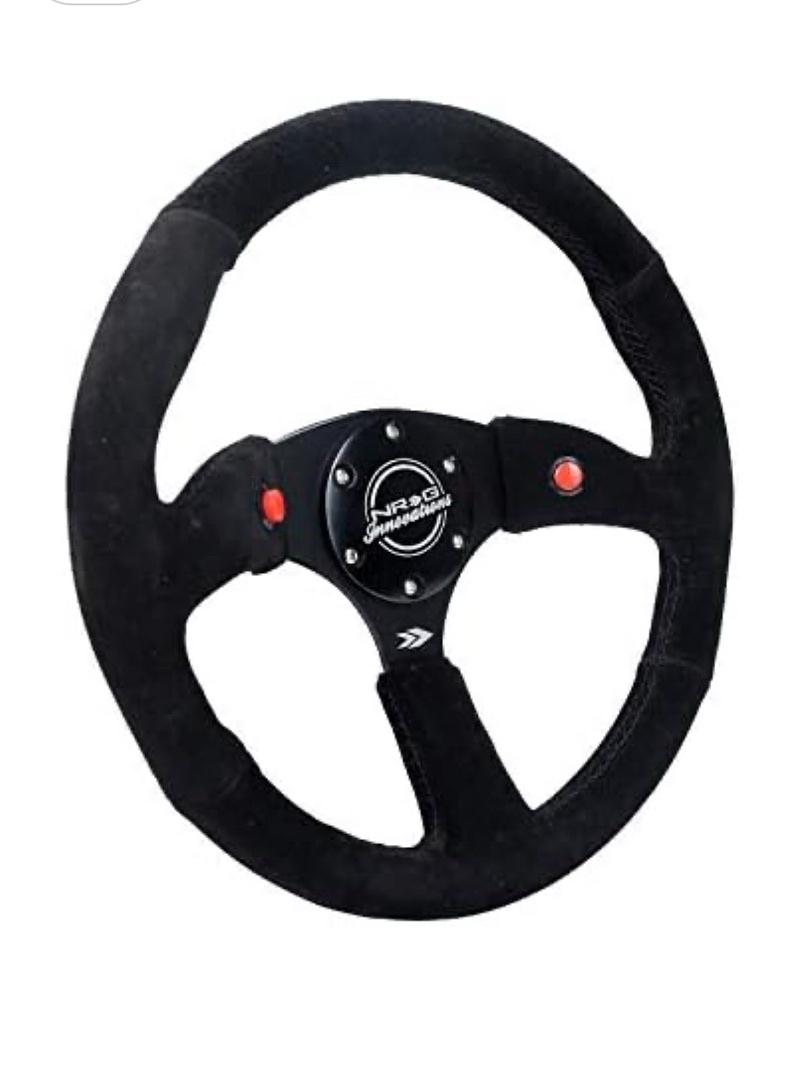 REINFORCED STEERING WHEEL - 350MM SPORT SUEDE RACING (2.5" DEEP) COMFORT GRIP, 4MM MATTE BLACK SPOKE WITH SUEDE FINISH AND DUAL BUTTON
