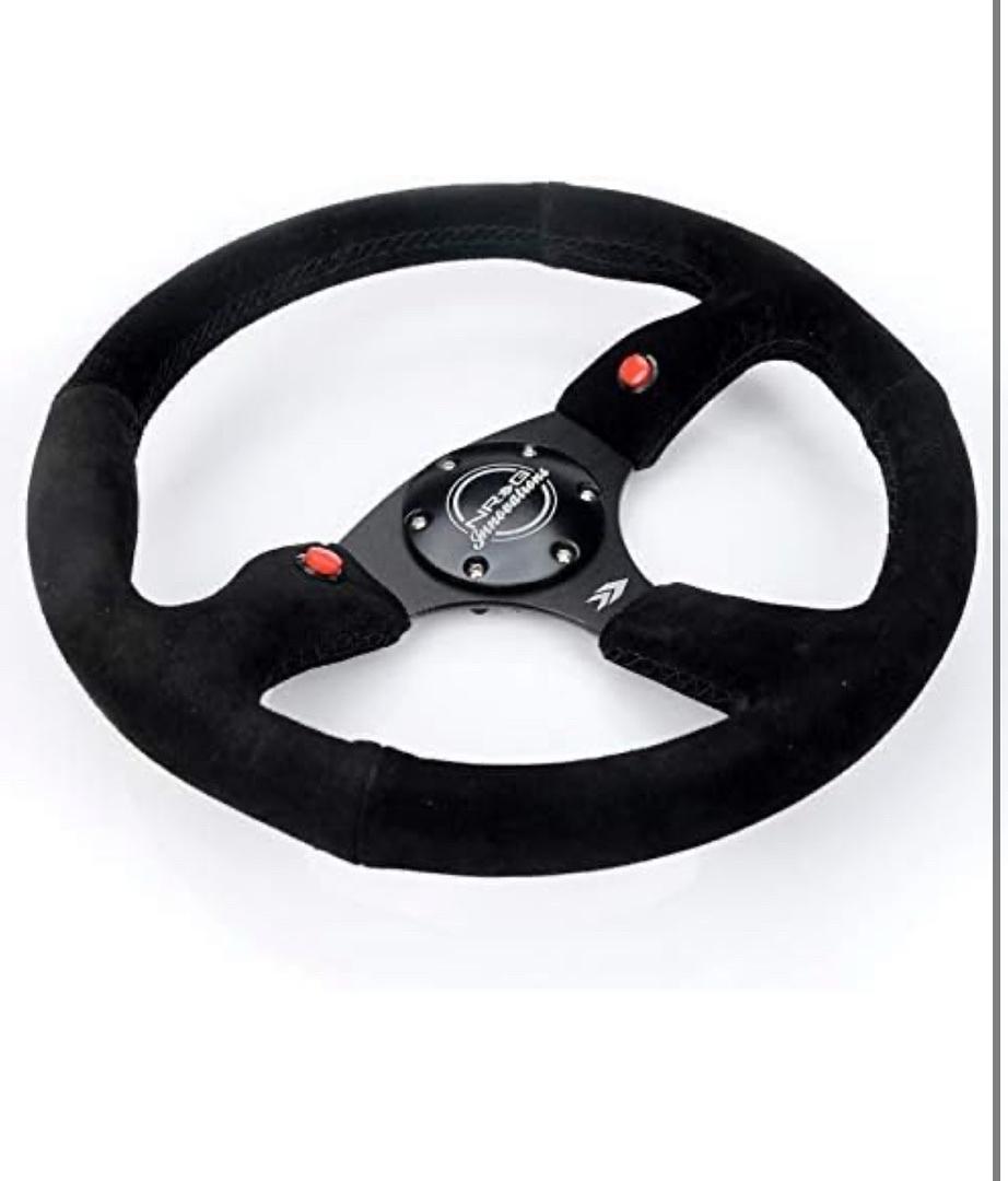 REINFORCED STEERING WHEEL - 350MM SPORT SUEDE RACING (2.5" DEEP) COMFORT GRIP, 4MM MATTE BLACK SPOKE WITH SUEDE FINISH AND DUAL BUTTON