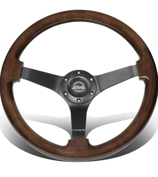 3" DEEP DISH 350MM 3-SPOKE WOOD GRAIN STEERING WHEEL, 6 X 70MM BOLT PATTERN,BLACK/MAHOGANY