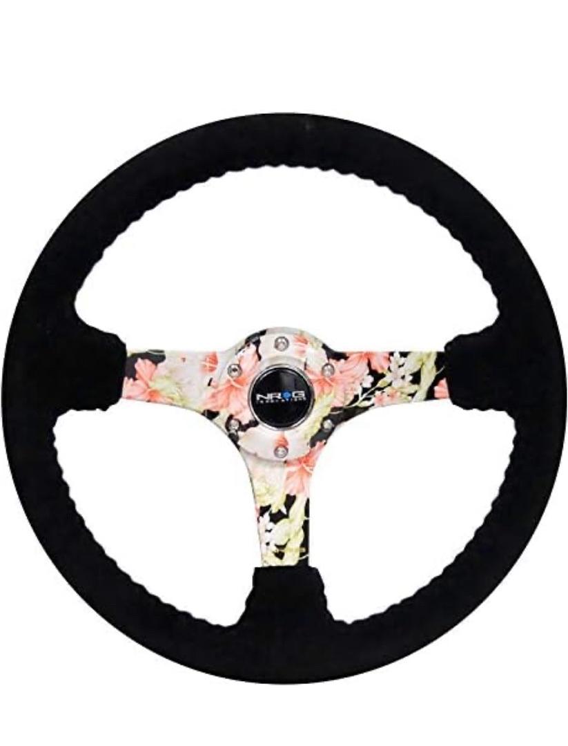 NRG REINFORCED STEERING WHEEL (350MM / 3IN. DEEP) BLK SUEDE FLORAL DIPPED W/ BLK