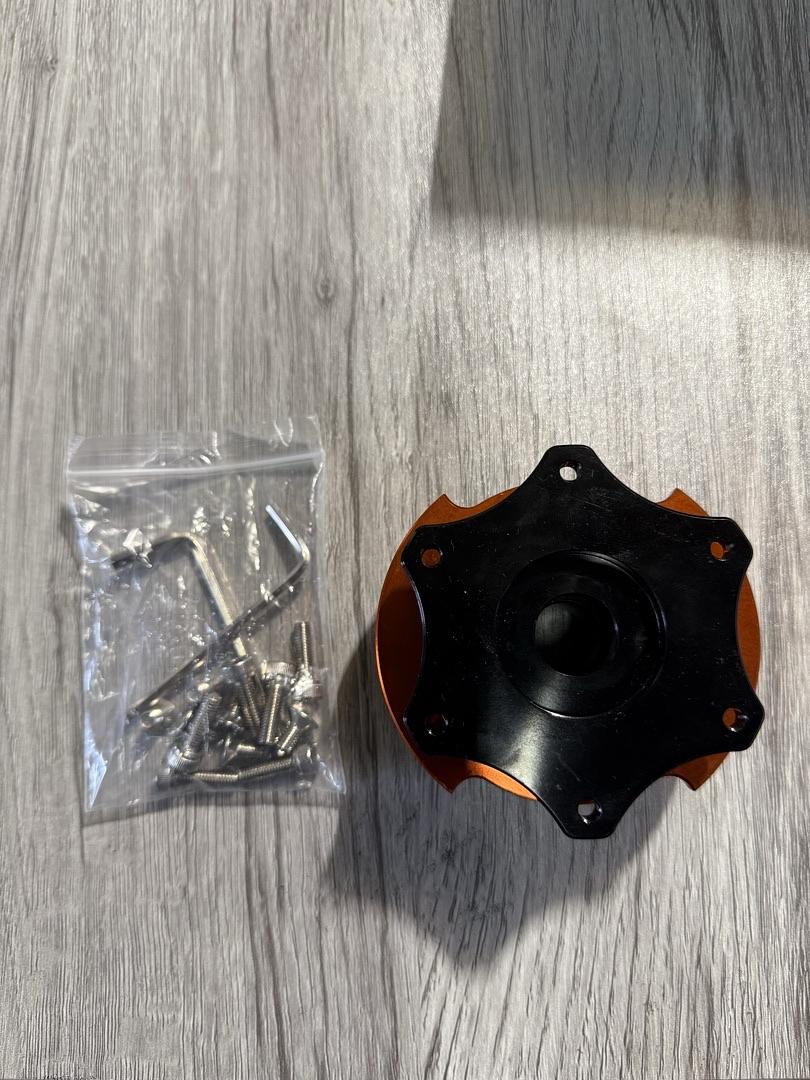 SFI 42.1 SPEC D SHAPED STEERING WHEEL QUICK RELEASE SHORT HUB ADAPTER, 6X70MM BOLT PATTERN BLACK SHINNY BODY/ORANGE SHINNY RING