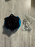SFI 42.1/6- BOLT STEERING WHEEL QUICK RELEASE ADAPTER, BLACK QUICK RELEASE/LIGHT BLUE RING