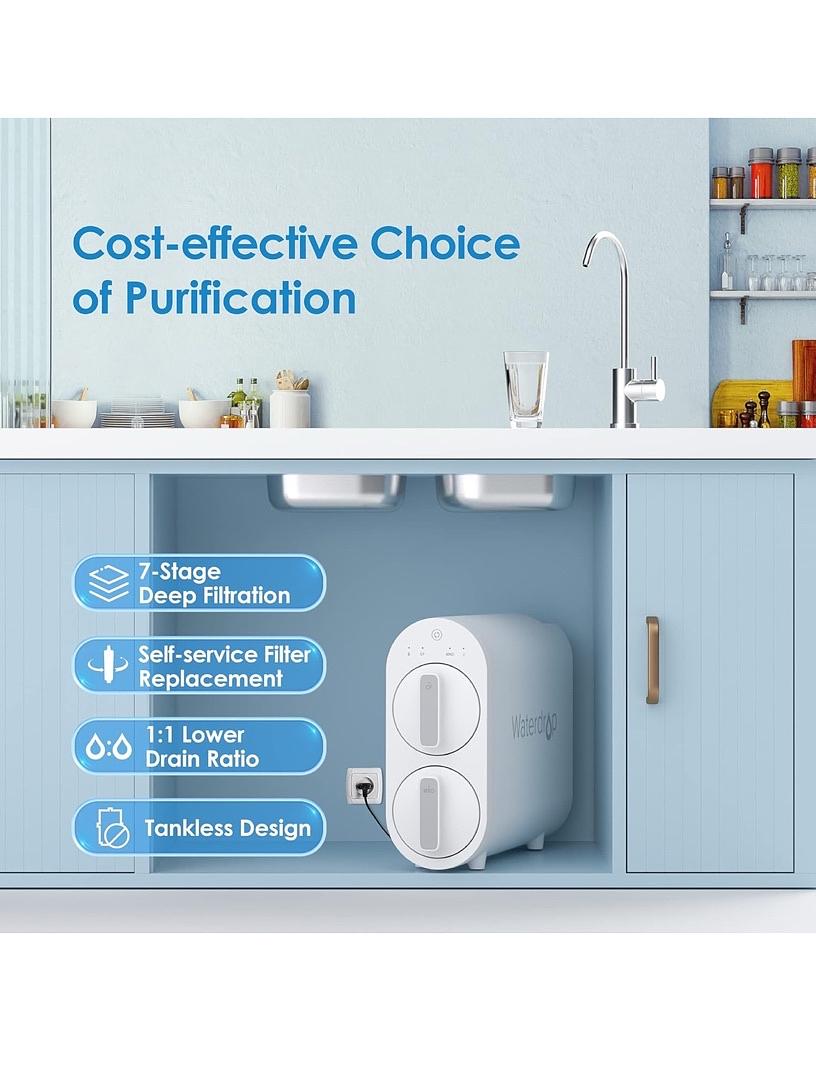 WATERDROP G2 REVERSE OSMOSIS SYSTEM, 7 STAGE TANKLESS RO WATER FILTER SYSTEM, UNDER SINK WATER FILTRATION SYSTEM, 400 GPD, 1:1 PURE TO DRAIN, REDUCES TDS, FCC LISTED, USA TECH, WD