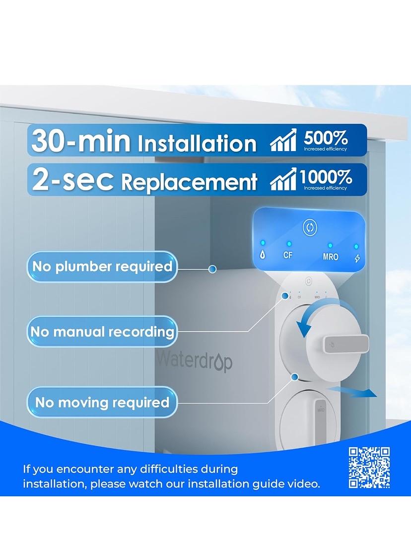 WATERDROP G2 REVERSE OSMOSIS SYSTEM, 7 STAGE TANKLESS RO WATER FILTER SYSTEM, UNDER SINK WATER FILTRATION SYSTEM, 400 GPD, 1:1 PURE TO DRAIN, REDUCES TDS, FCC LISTED, USA TECH, WD