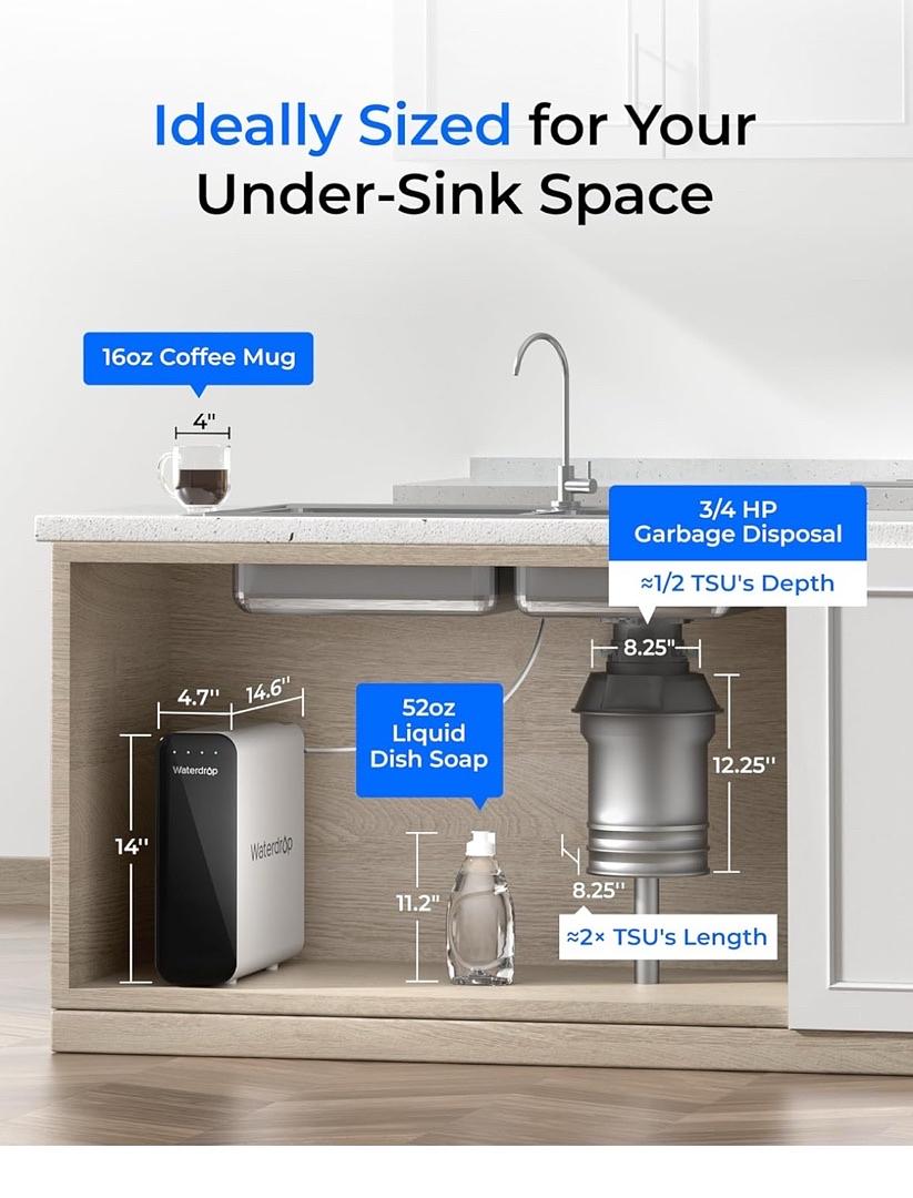 WATERDROP TSU 0.01ΜM ULTRA-FILTRATION UNDER SINK WATER FILTER SYSTEM, 3-STAGE TANKLESS UNDERSINK WATER FILTRATION WITH FAUCET, SMART PANEL, DOES NOT LOWER TDS (𝙉𝙊𝙏 𝙍𝙊), DRIL