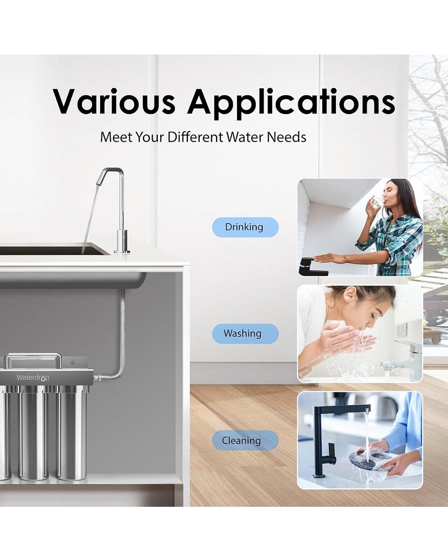 WATERDROP TST-UF 0.01ΜM ULTRA-FILTRATION UNDER SINK WATER FILTER, STAINLESS STEEL WATER FILTER FOR SINK, 5X SERVICE LIFE, 99.99% OF CONTAMINANTS LARGER THAN 0.01ΜM, DIRECT CONNECT