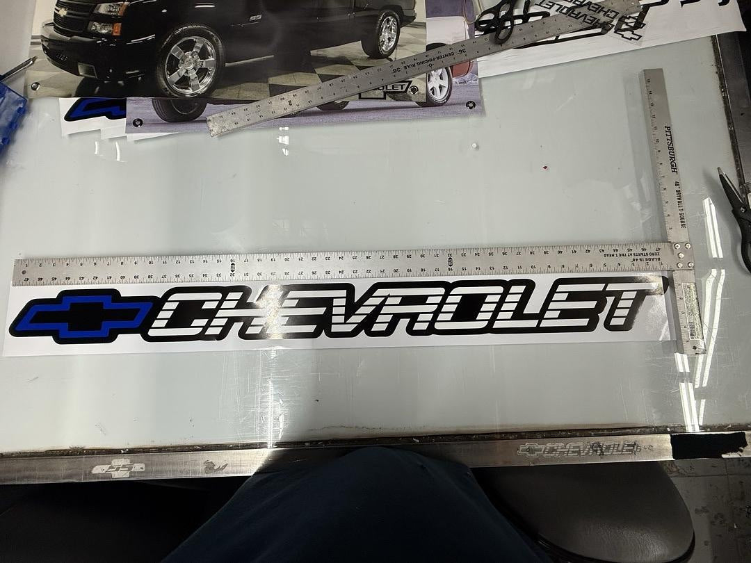 Blue Chevrolet C/k Tailgate Vynil With Masking Tape Vinyl Sticker