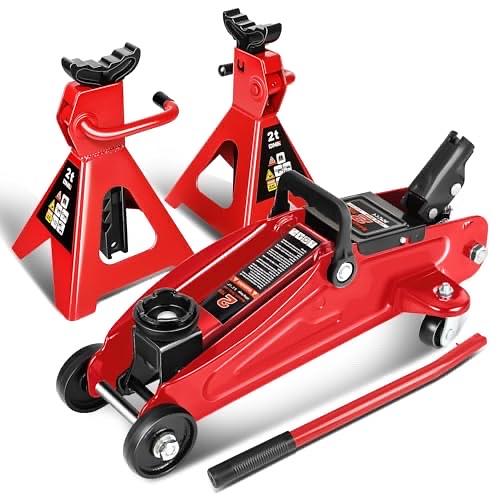 LOW PROFILE HYDRAULIC TROLLEY SERVICE/FLOOR JACK COMBO WITH 2 RATCHET JACK STANDS, 2 TON (4000 LBS) CAPACITY,RED,