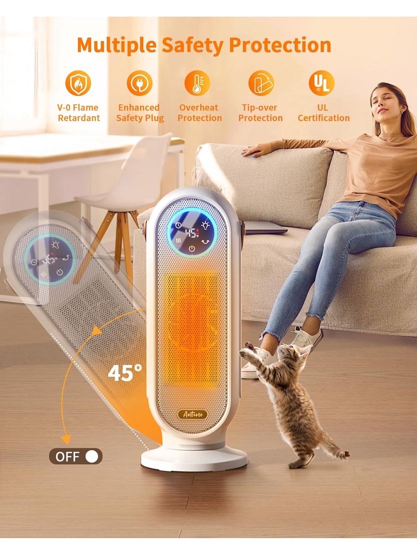 SPACE HEATERS FOR INDOOR USE, 16 INCH PORTABLE ELECTRIC HEATER FOR OFFICE, 1500W FAST HEATING SPACE HEATER WITH THERMOSTAT, 90°OSCILLATION, 12H TIMER, REMOTE, SAFE, ULTRA-QUIET