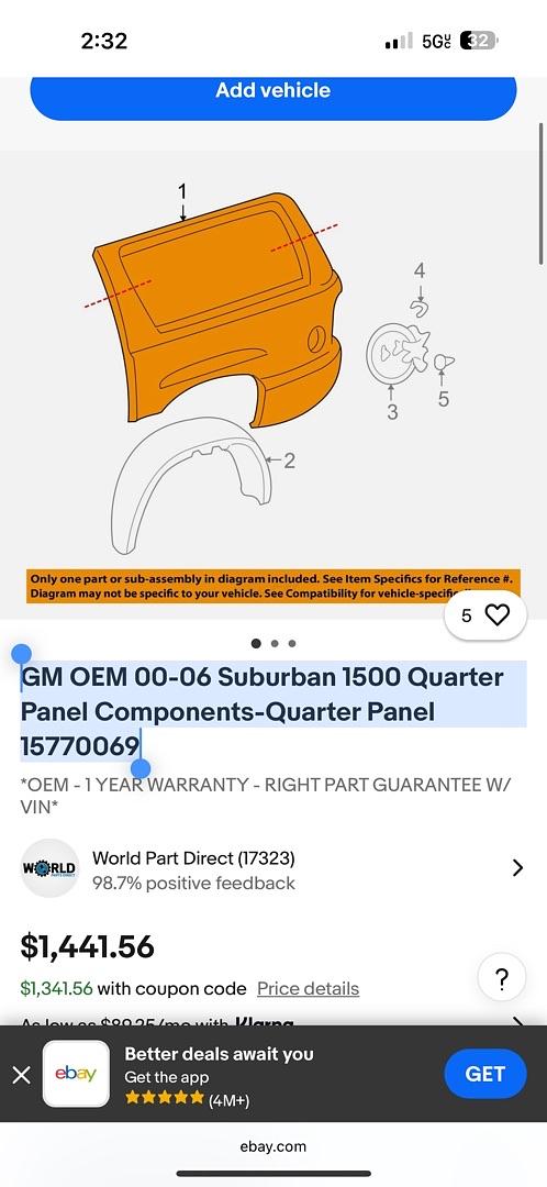 15770069 | GM OEM 00-06 Suburban 1500 / GMC yukon Quarter Panel Components-Quarter Panel
