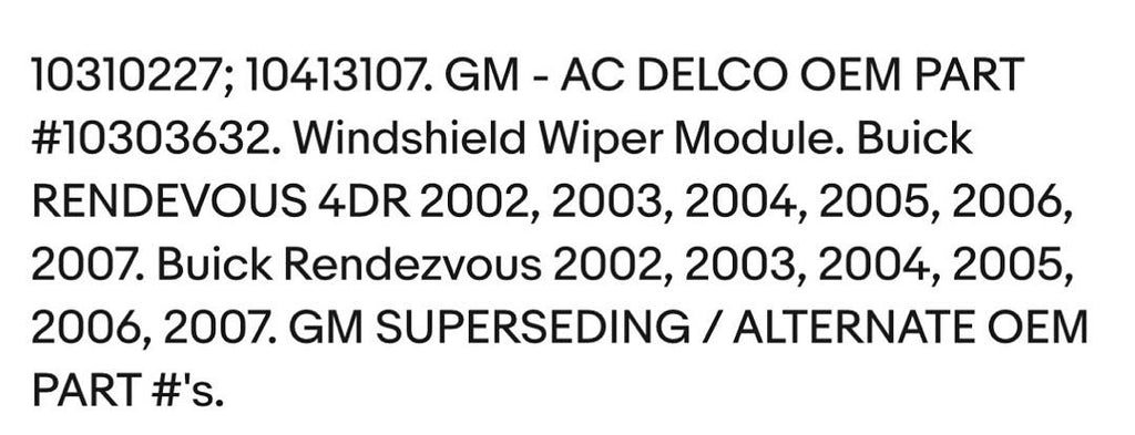 10310227 | GM# 2002-2007 Buick Rendevous Windsheild Wiper Module OEM Part
