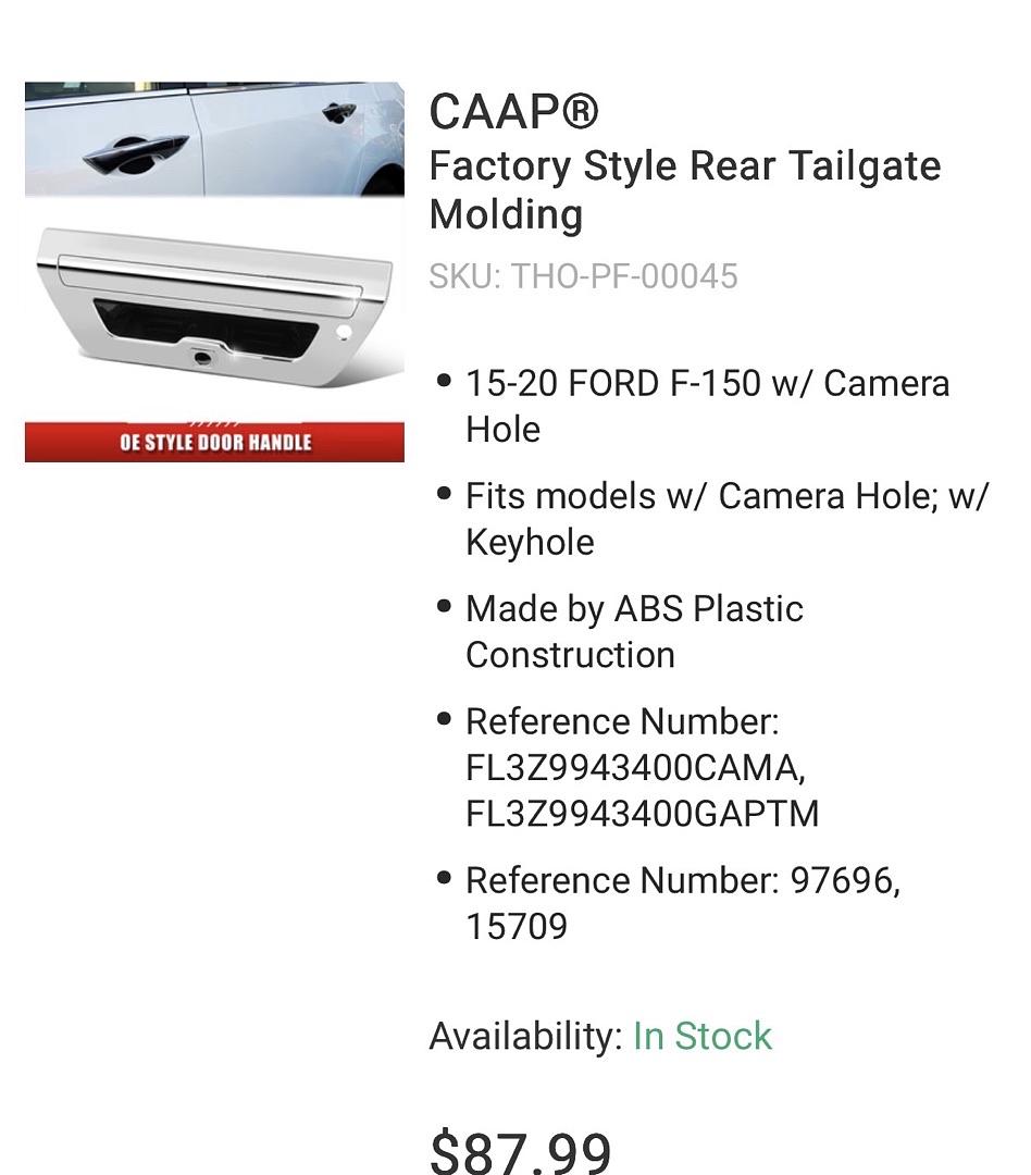Rear chrome Tailgate Handle Compatible with F150 2015-2020/w/Camera Hole; w/Keyhole, 97696, 15709,