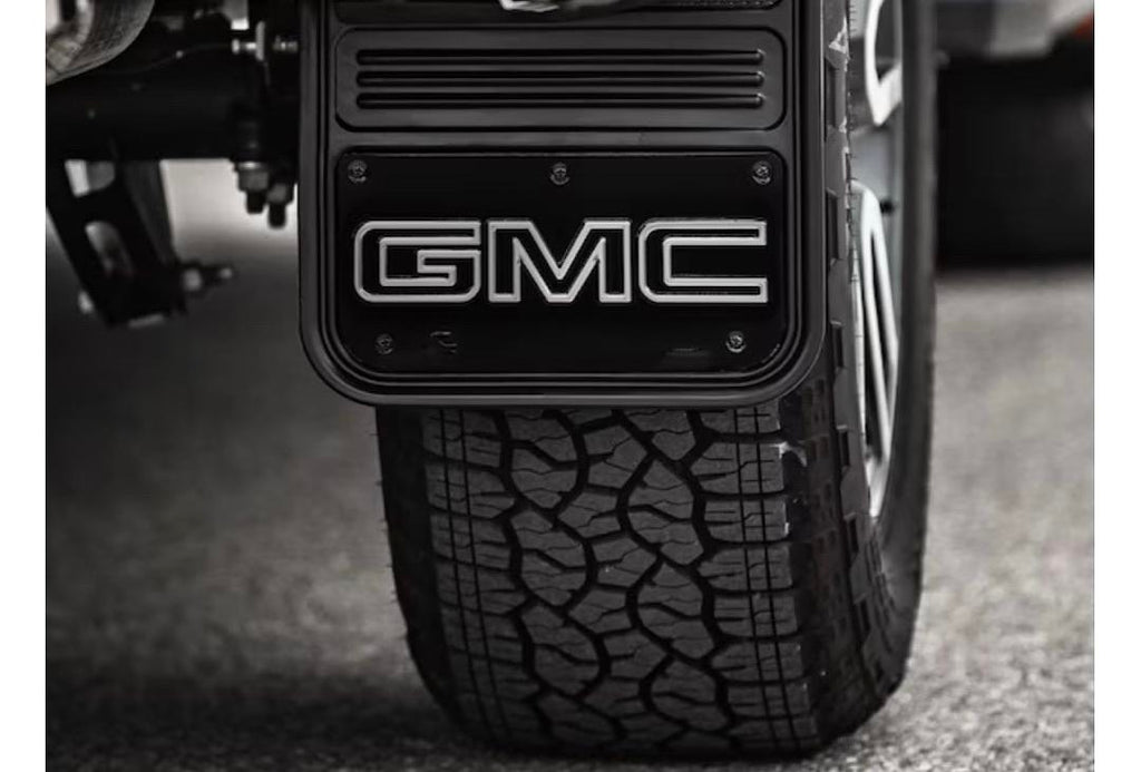 19432688 | 2020-2026 GMC SIERRA Front and Rear Rubber No-Drill Gatorback Mud Flap Kit with Silver Outlined GMC Logo by Truck Hardware - Associated Accessories