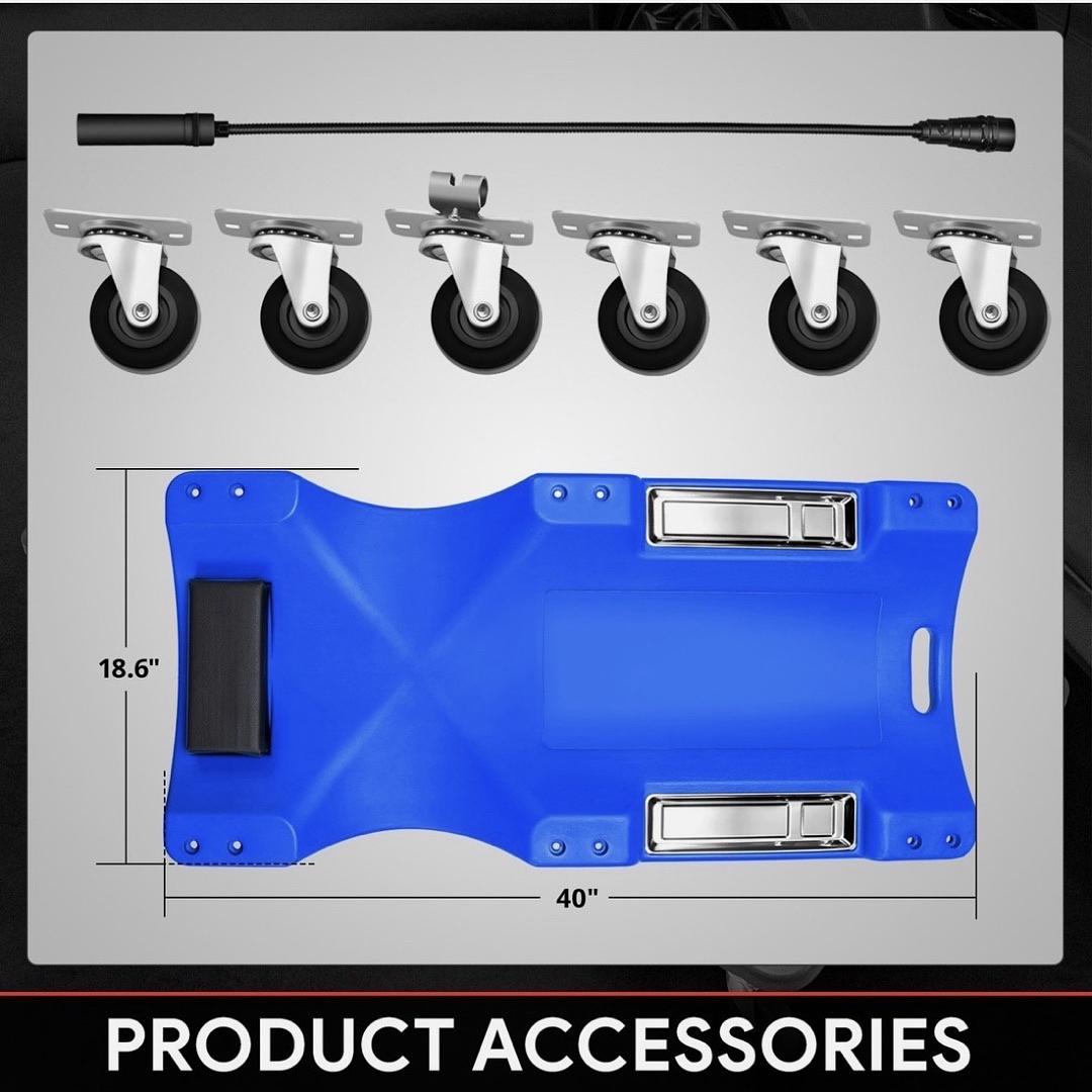 40" Blue Low Profile Roller Automotive Creeper w/ LED Light 6Pcs Swivel Casters