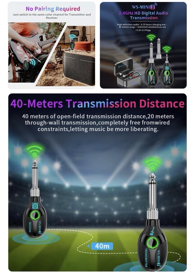 WS-MINI3 2.4GHz Wireless Guitar Transmitter & Receiver Charging Case 20H