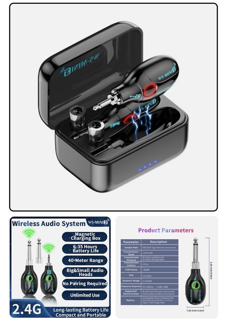 WS-MINI3 2.4GHz Wireless Guitar Transmitter & Receiver Charging Case 20H
