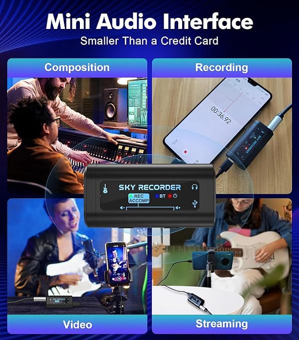 SKY RECORDER AUDIO RECORDER FOR SMARTPHONE AND PC Guitar Audio Interface Pocket Internal Recording Sound Card with Bluetooth, Internal Sound Card, Plug & Play for Recording, Streaming, Playing