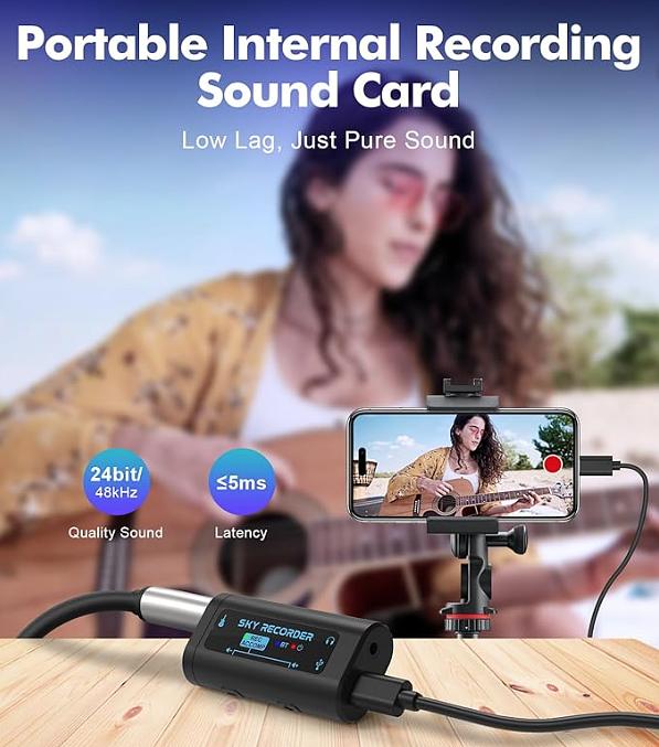 SKY RECORDER AUDIO RECORDER FOR SMARTPHONE AND PC Guitar Audio Interface Pocket Internal Recording Sound Card with Bluetooth, Internal Sound Card, Plug & Play for Recording, Streaming, Playing