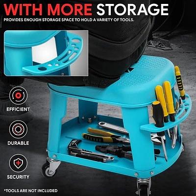 Removable Rolling Garage Stool With Seat Cushion & Tool Tray Plate (Light Blue)