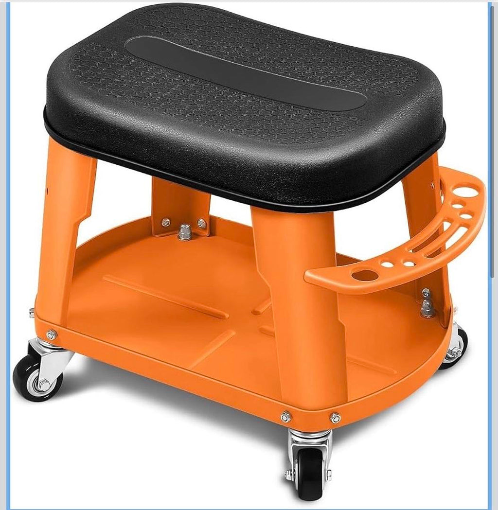 Removable Rolling Garage Stool with Seat Cushion & Tool Tray Plate (Orange)