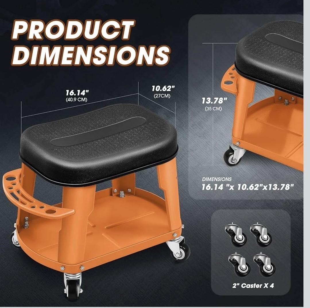 Removable Rolling Garage Stool with Seat Cushion & Tool Tray Plate (Orange)